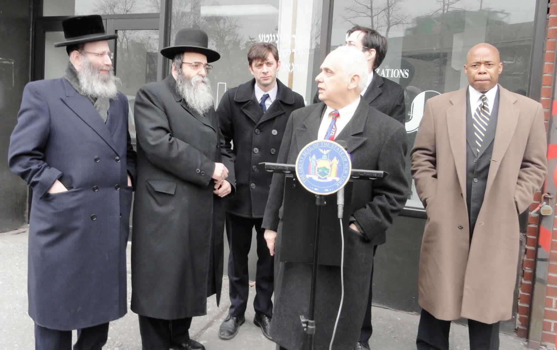 Assemblyman Joseph Lentol announcing the introduction of the Expedited Missing Persons Identification Act with State Senator Daniel Squadron, Boro President Eric Adams and Councilman Steve Levin at the UJO.