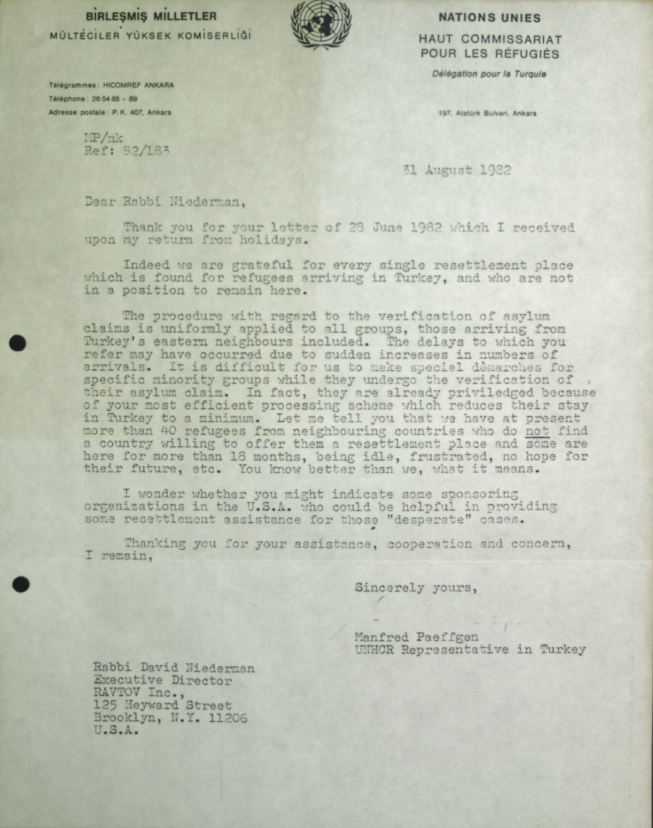 1982 Letter from UNHCR Representative in Turkey Manfred Paeffgen to Rabbi Niederman discussing UNHCR Refugee operations in Turkey.